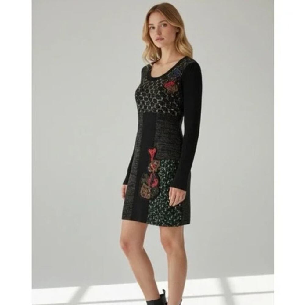 Y2K Knit Sweater Dress Womens Medium Embroidered Indie Whimsigoth Artsy Gothic